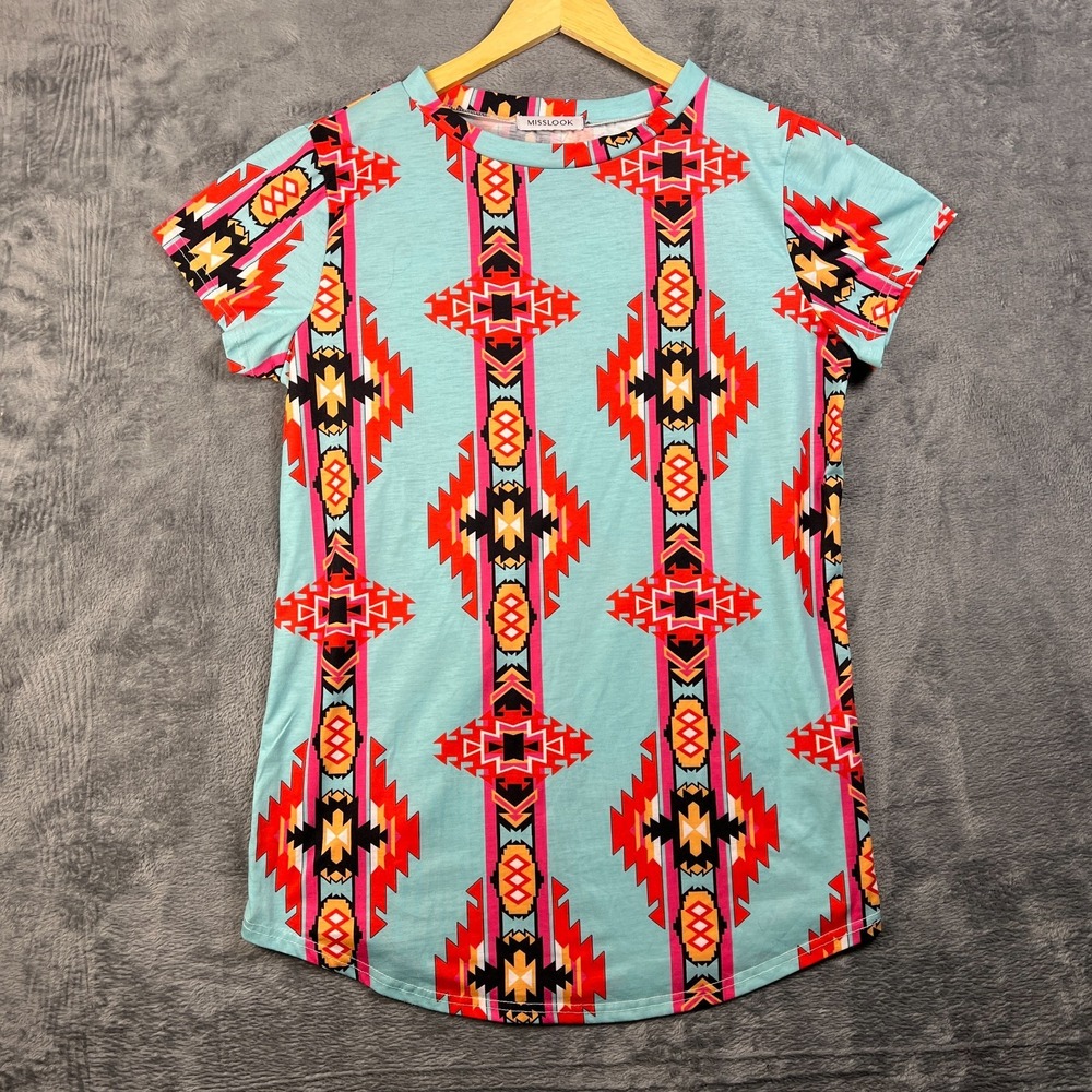 MissLook T Shirt Womens Multicolor Aztec Southwestern Print Crew Neck Curved Hem